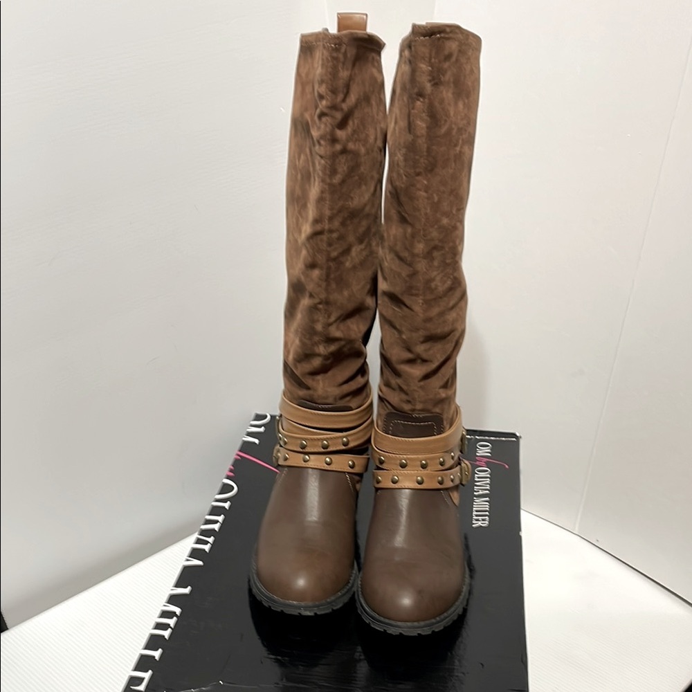 OM by Olivia Miller Knee High Brown Suede-Look Slip-On Riding Boots Size 9